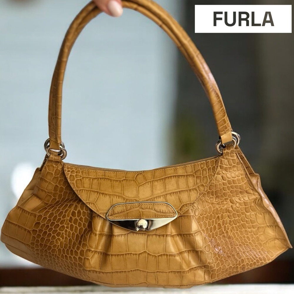 Furla cognac crocodile embossed large leather baguette